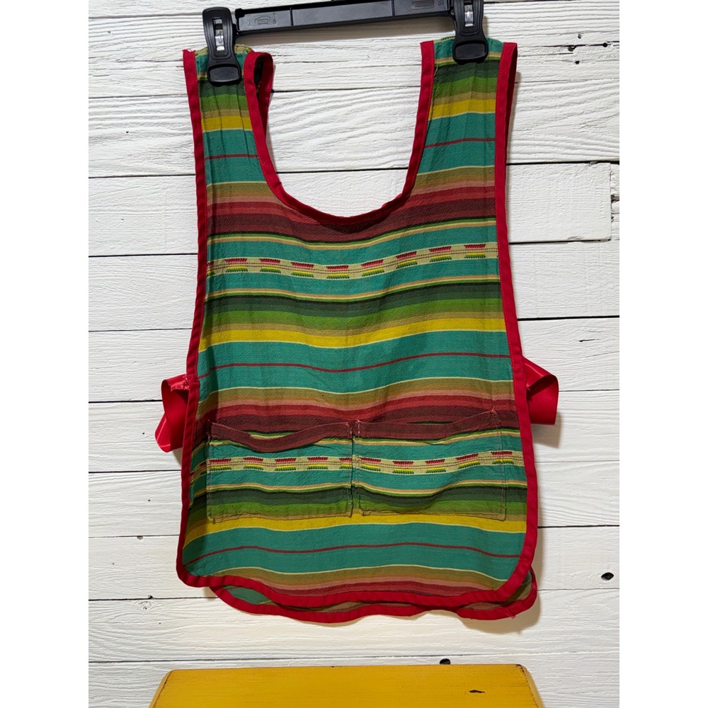 Vintage Striped Tabard Apron Multi Color Woven Bib Front Two Pocket Side Tie